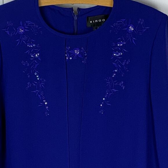 Virgo Blue Sheath Dress w Sheer Overlay, Floral  Embroidery & Sequins - Size 12 - Picture 5 of 10